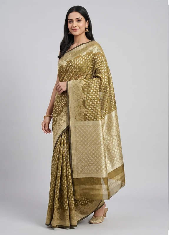 Green Kora Silk Saree With Blouse Piece One Size