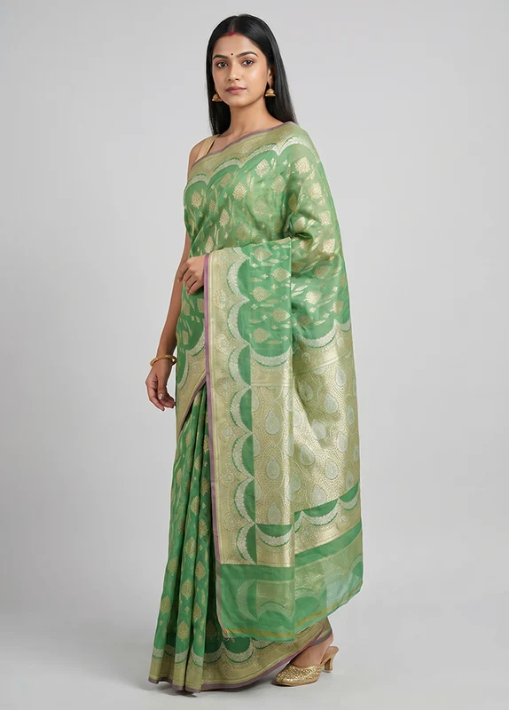 Green Kora Silk Saree With Blouse Piece One Size