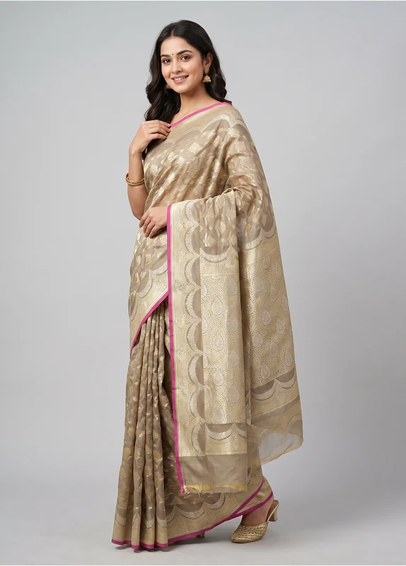Cream Kora Silk Saree With Blouse Piece One Size