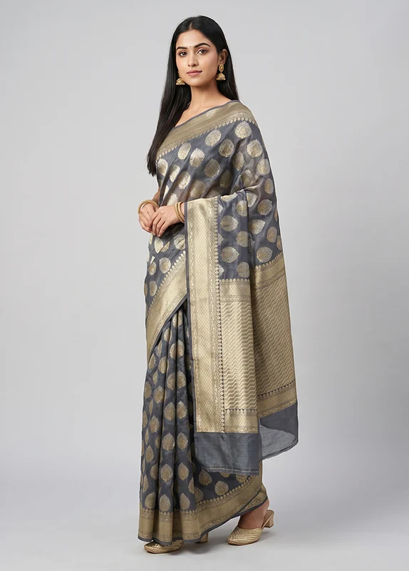 Blue Kora Silk Saree With Blouse Piece One Size