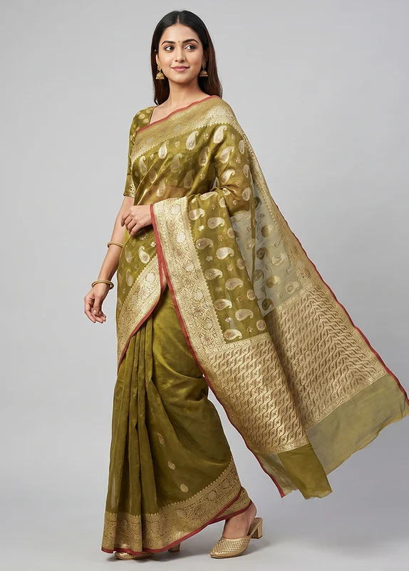 Green Kora Silk Saree With Blouse Piece One Size