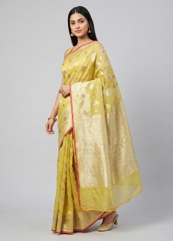 Yellow Kora Silk Saree With Blouse Piece One Size