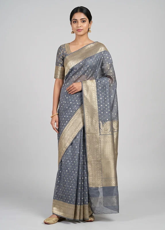 Grey Kora Silk Saree With Blouse Piece One Size