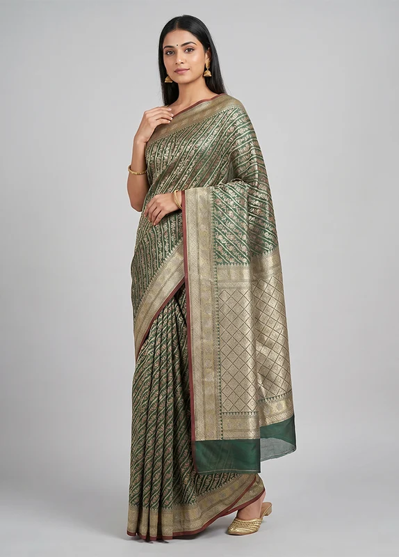 Green Kora Silk Saree With Blouse Piece One Size