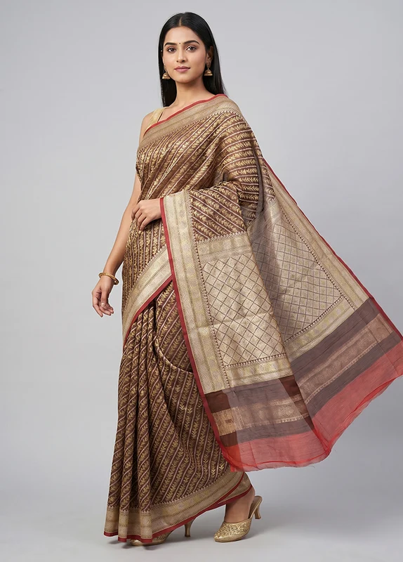 Cream Kora Silk Saree With Blouse Piece One Size