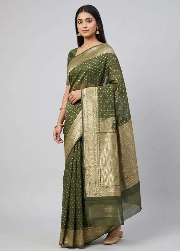 Green Kora Silk Saree With Blouse Piece One Size