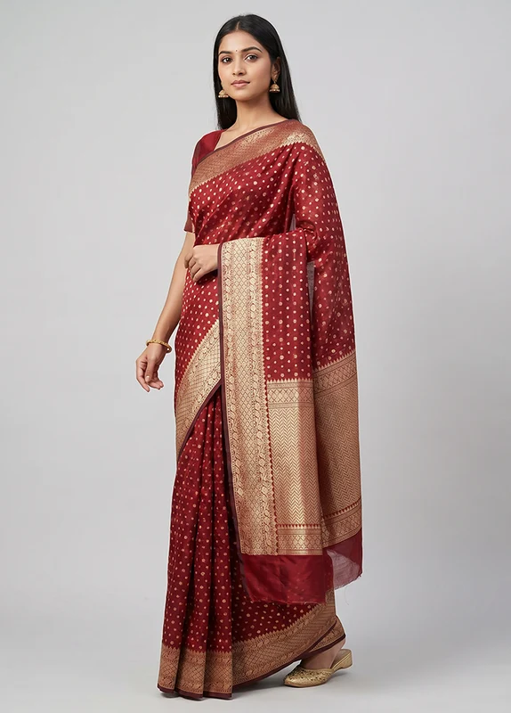 Red Kora Silk Saree With Blouse Piece One Size