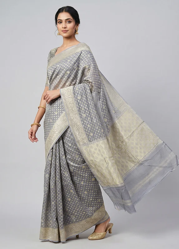 Grey Kora Silk Saree With Blouse Piece One Size