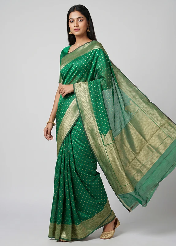 Green Kora Silk Saree With Blouse Piece One Size
