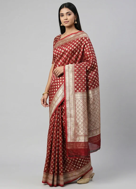 Maroon Kora Silk Saree With Blouse Piece One Size