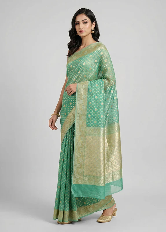 Green Kora Silk Saree With Blouse Piece One Size