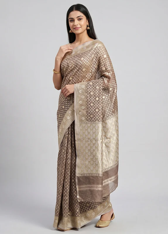 Grey Kora Silk Saree With Blouse Piece One Size