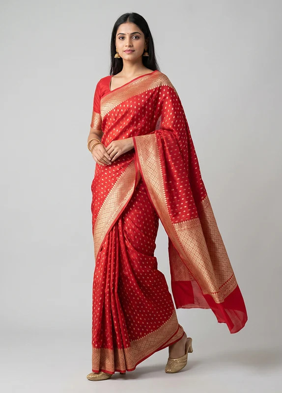 Red Kora Silk Saree With Blouse Piece One Size