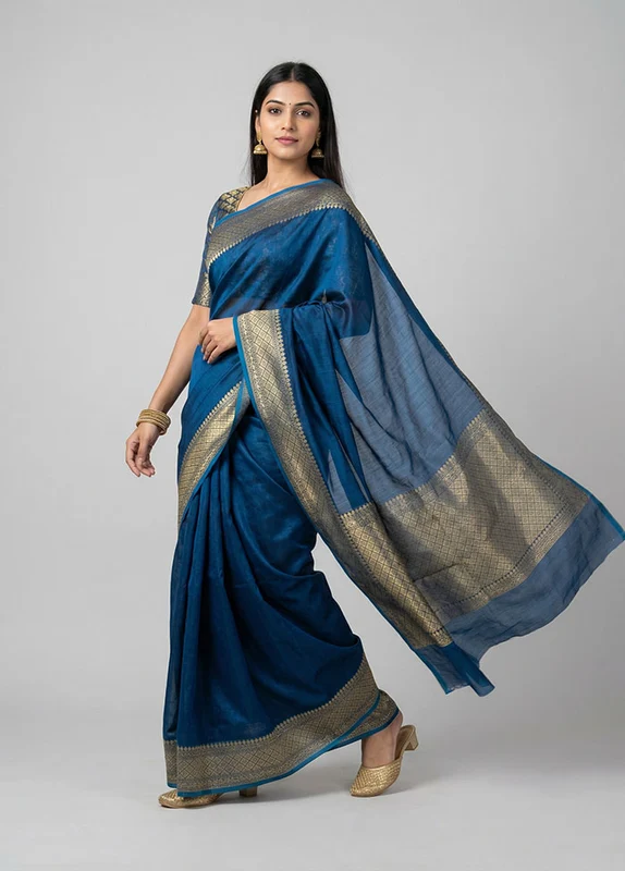 Blue Kora Silk Saree With Blouse Piece One Size