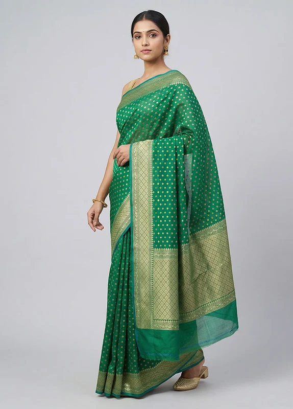 Green Kora Silk Saree With Blouse Piece One Size