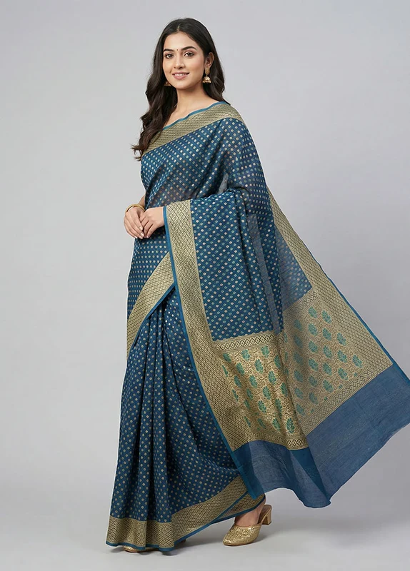 Blue Kora Silk Saree With Blouse Piece One Size