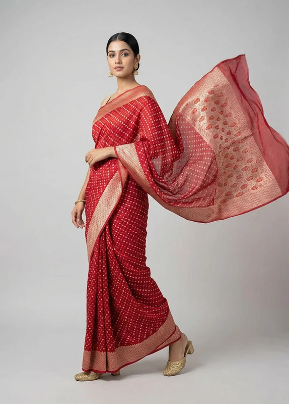 Red Kora Silk Saree With Blouse Piece One Size