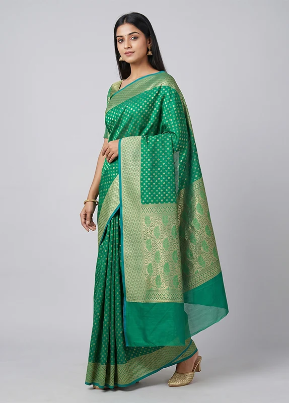 Green Kora Silk Saree With Blouse Piece One Size