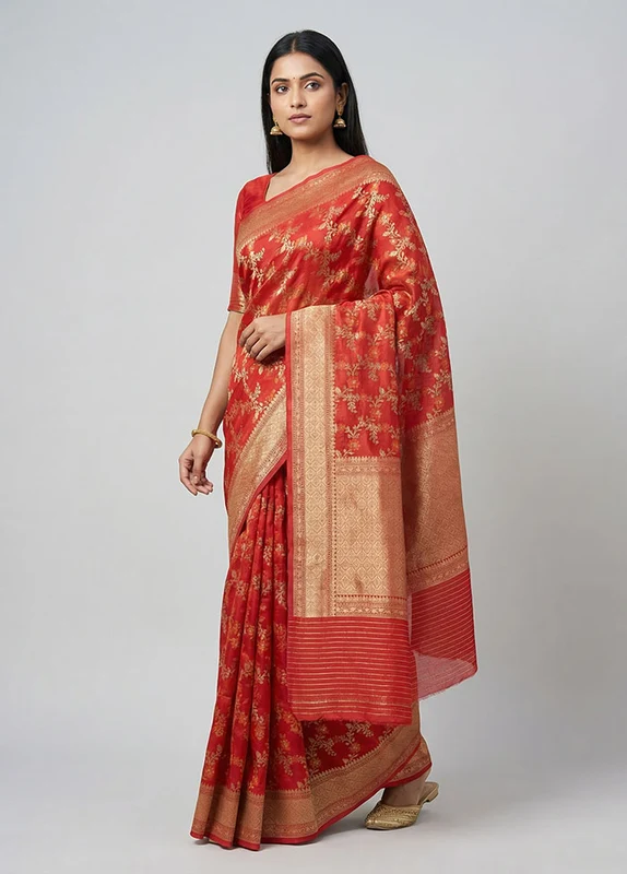 Red Kora Silk Saree With Blouse Piece One Size