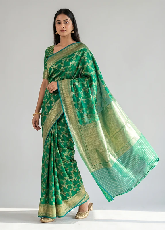 Green Kora Silk Saree With Blouse Piece One Size