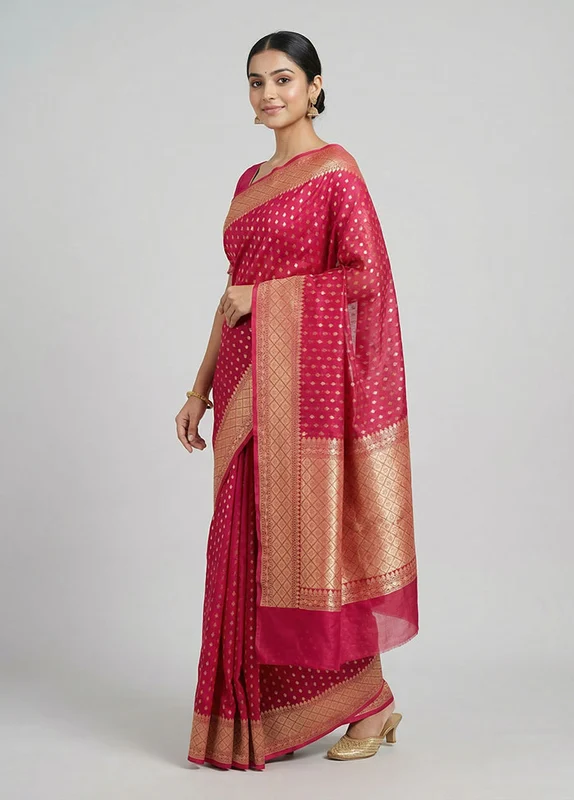 Pink Kora Silk Saree With Blouse Piece One Size