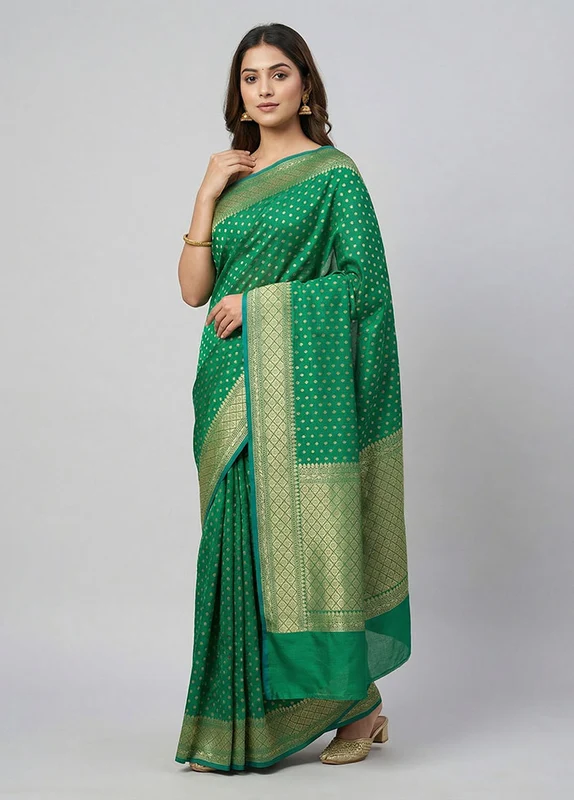Green Kora Silk Saree With Blouse Piece One Size