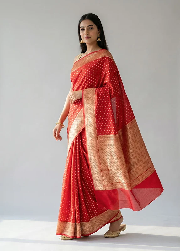 Red Kora Silk Saree With Blouse Piece One Size