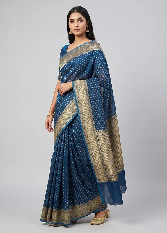 Blue Kora Silk Saree With Blouse Piece One Size