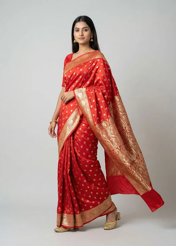 Red Banarasi Silk Saree With Blouse Piece One Size