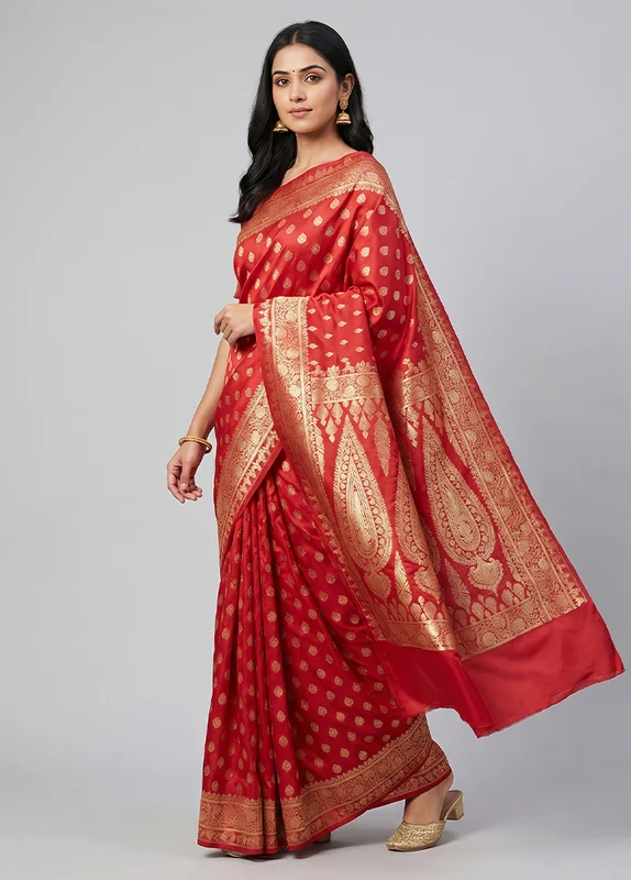 Red Banarasi Silk Saree With Blouse Piece One Size