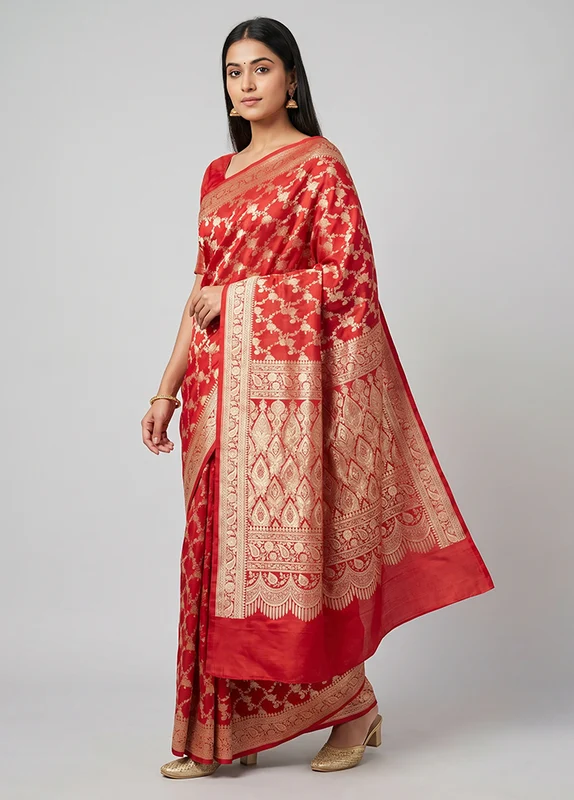 Red Handloom Banarasi Pure Silk Saree With Blouse Piece One Size