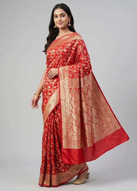 Red Handloom Banarasi Pure Silk Saree With Blouse Piece One Size