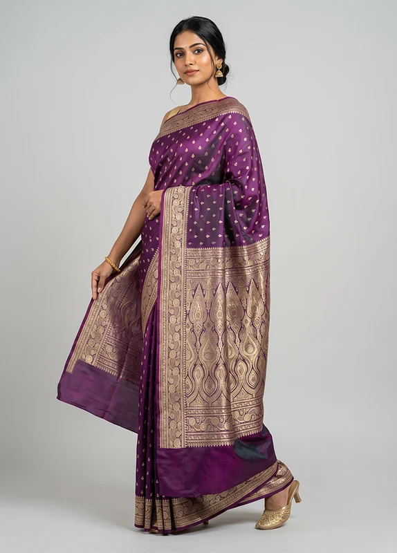 Purple Handloom Banarasi Pure Silk Saree With Blouse Piece One Size