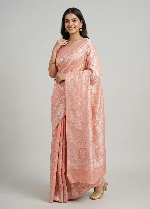 Pink Organza Saree With Blouse Piece One Size