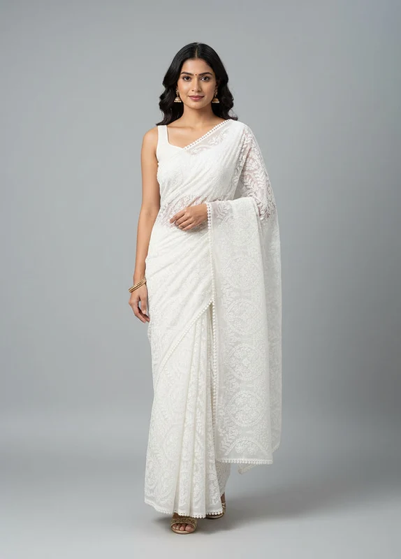 White Organza Saree With Blouse Piece One Size