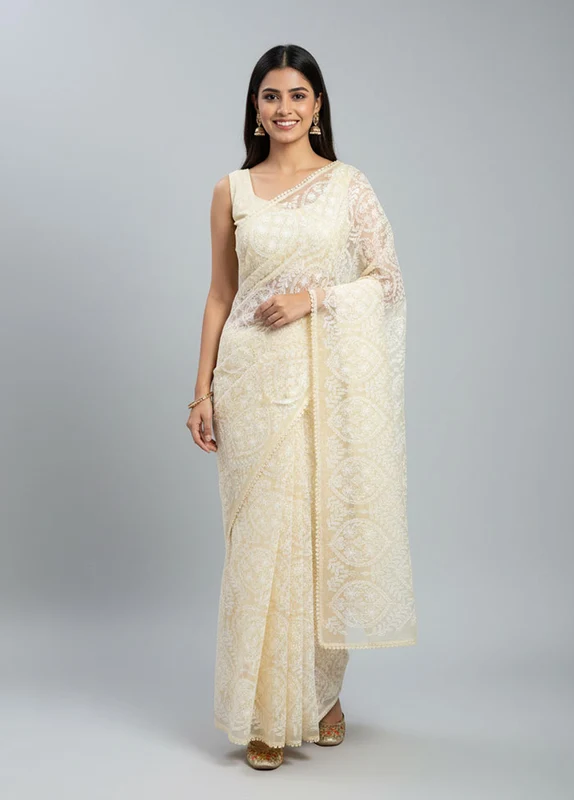 Cream Organza Saree With Blouse Piece One Size