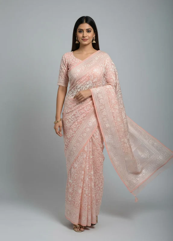 Pink Organza Saree With Blouse Piece One Size
