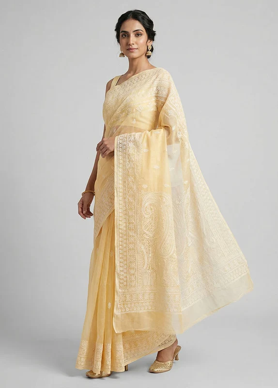 Yellow Organza Saree With Blouse Piece One Size