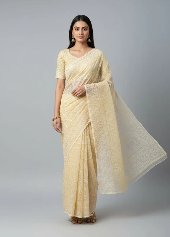 Yellow Organza Saree With Blouse Piece One Size
