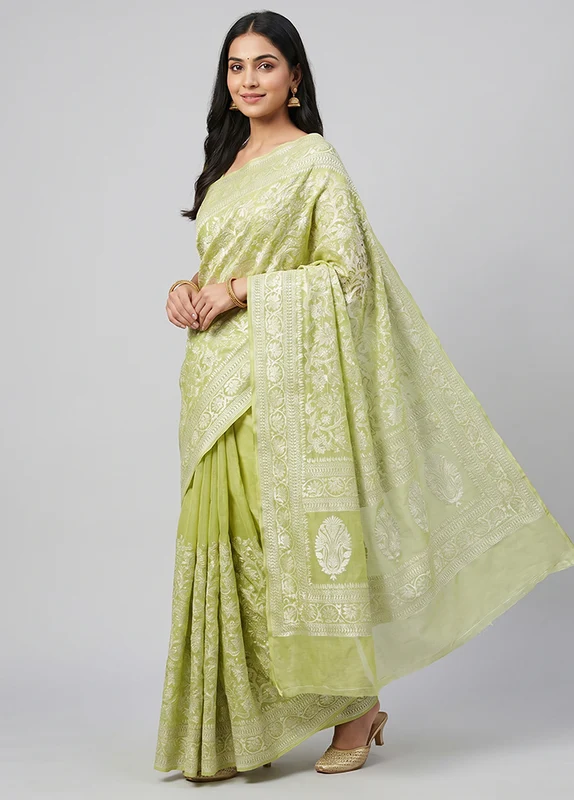 Green Organza Saree With Blouse Piece One Size
