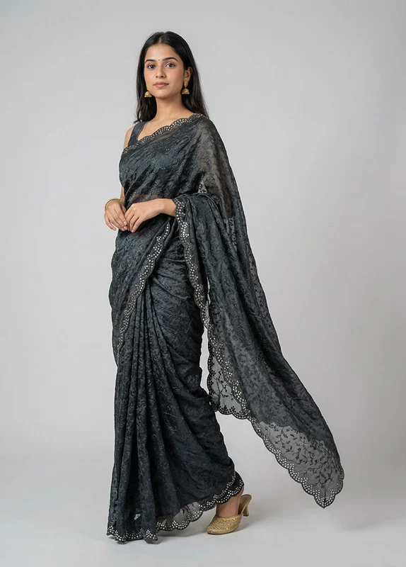 Black Organza Saree With Blouse Piece One Size