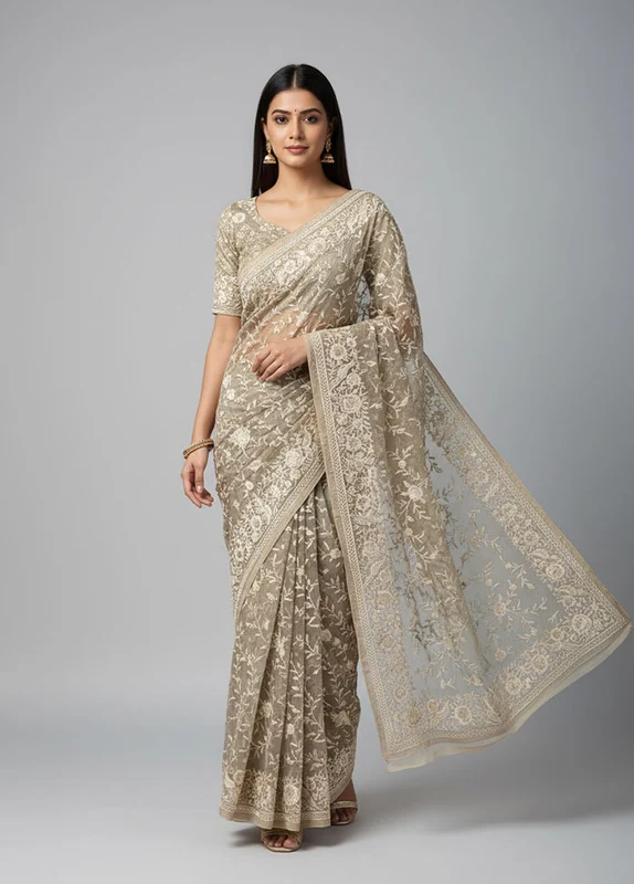 Cream Organza Saree With Blouse Piece One Size