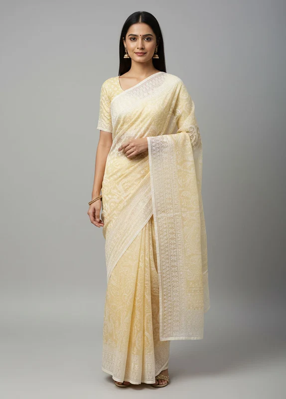 Yellow Organza Saree With Blouse Piece One Size