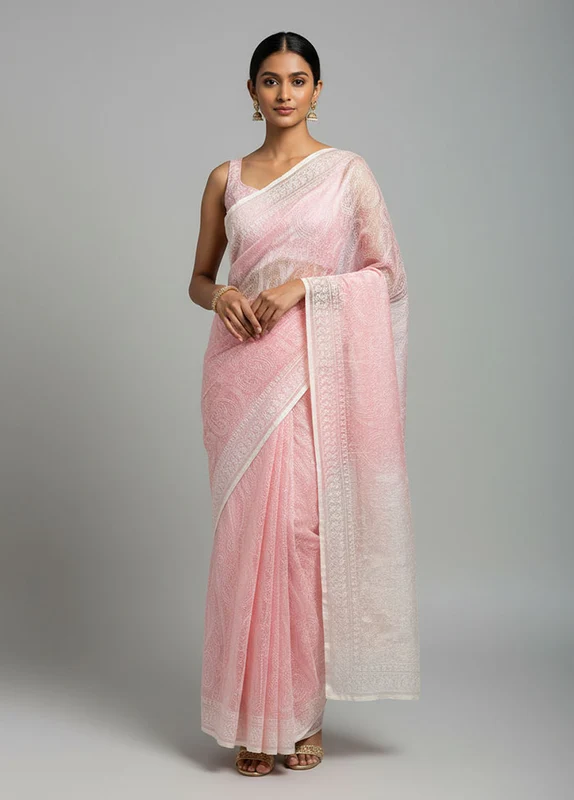 Pink Organza Saree With Blouse Piece One Size