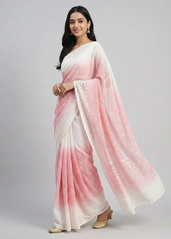 Pink Organza Saree With Blouse Piece One Size