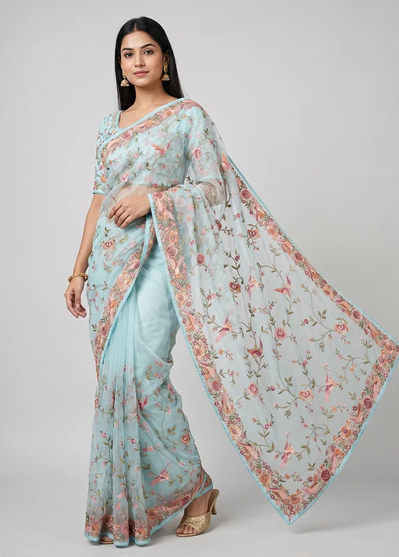 Blue Organza Saree With Blouse Piece One Size