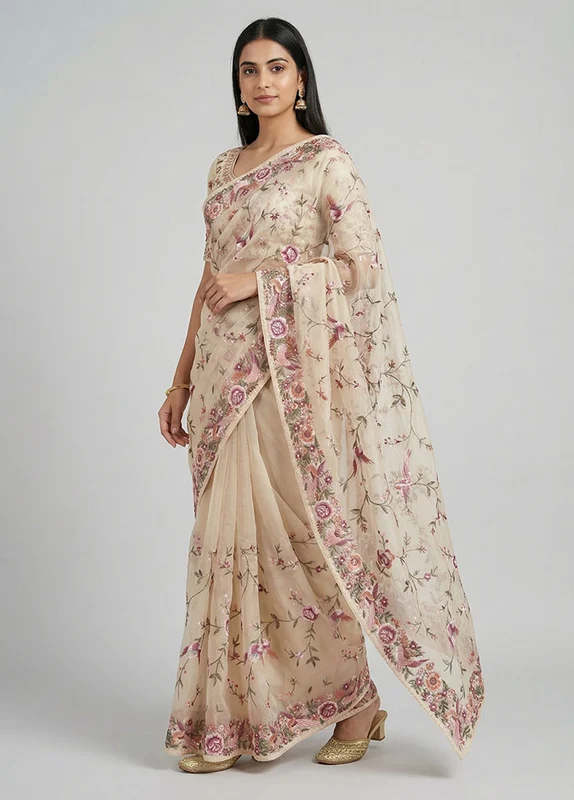 White Organza Saree With Blouse Piece One Size