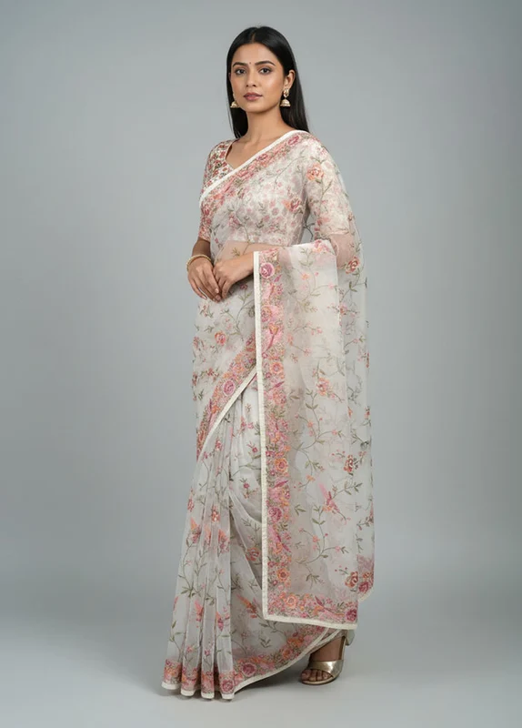 Cream Organza Saree With Blouse Piece One Size