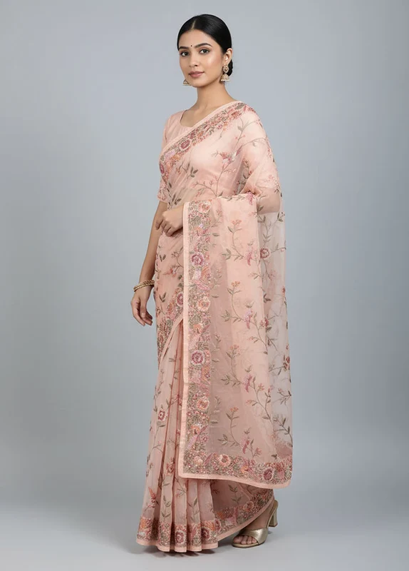 Pink Organza Saree With Blouse Piece One Size