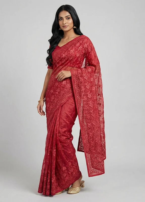 Maroon Organza Saree With Blouse Piece One Size